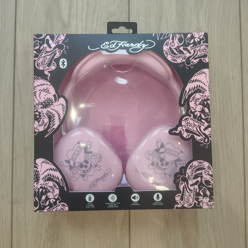 Ed Hardy Wireless Bluetooth Headphones Pink Love Kills Slowly Tattoo Over Ear